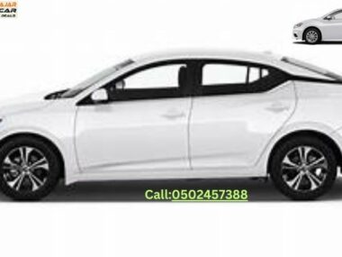 Nissan Sunny 2021 white side profile available for rent in Dubai