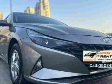 Profile view of Hyundai Elantra 2022 gray rent a car in Dubai