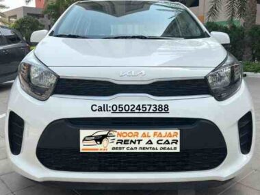 Front view of Kia Picanto 2022 white rent a car in Dubai