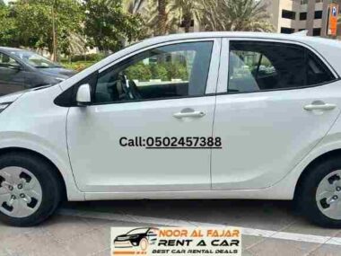 Side view of Kia Picanto 2022 white rent a car in Dubai